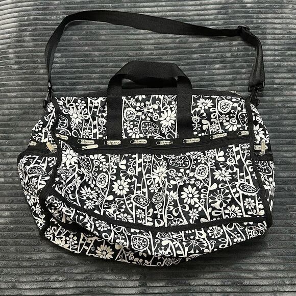LeSportsac Large Floral Black And White Duffle Bag - Picture 2 of 10